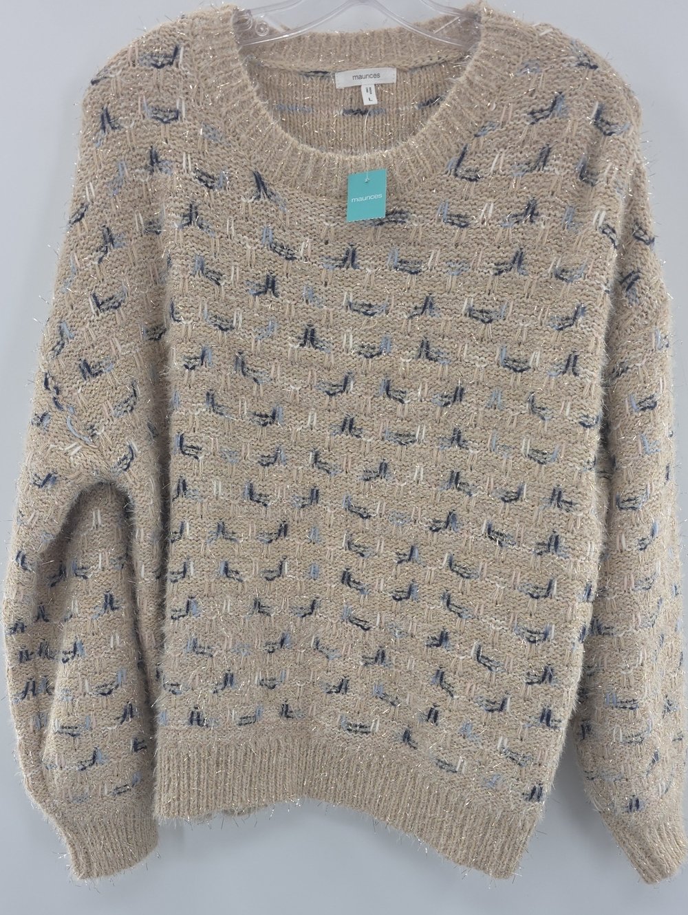 Maurices Beige Knit Crewneck Sweater with Blue and Cream Stitching